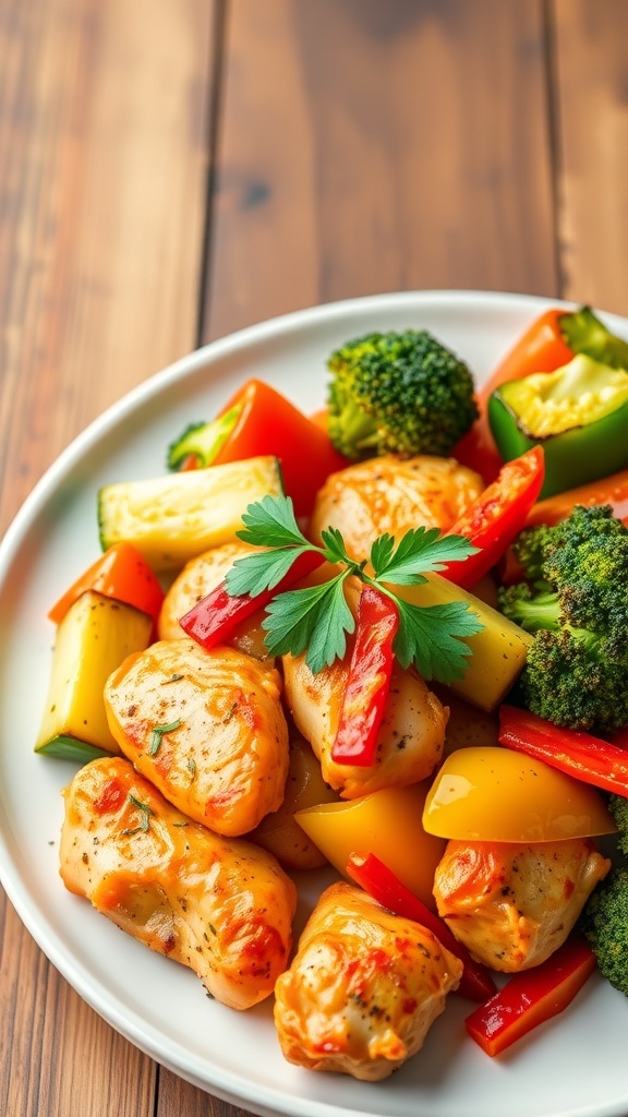 Air fryer chicken and vegetables with bell peppers, zucchini, and broccoli, garnished with parsley on a rustic table.